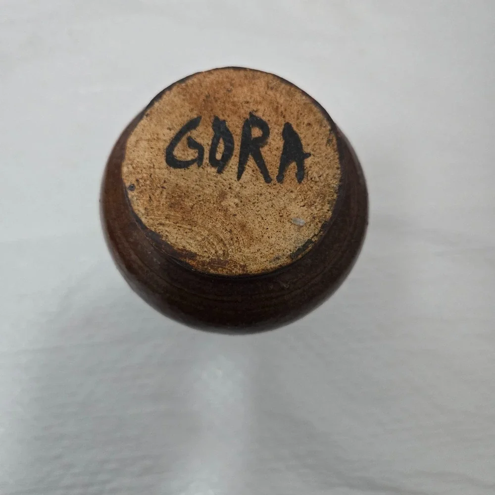 Signed GORA Studio Art Pottery Bud Vase Brown Green Glaze Handmade 5in